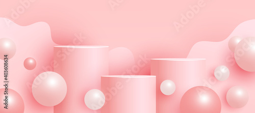 Empty mock up scene with podium or platform , volumetric ball shapes on a pink background. Minimal scene with geometrical forms for product presentation. Vector illustration