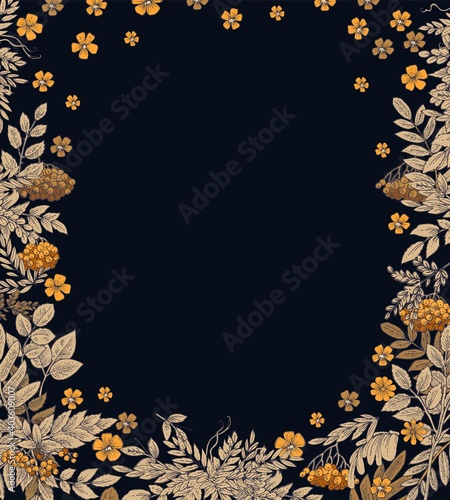Branches and fruits of mountain ash. Square frame. Background illustration. Hand drawing outline. Flowering of garden plants. Abstract plant picture. Vector.
