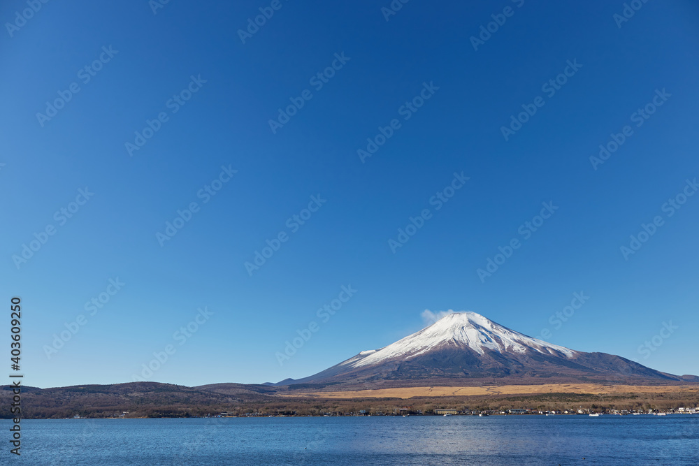 冬（12月）の朝、冠雪した富士山を山中湖の長池親水公園付近から望む 山梨県山中湖村