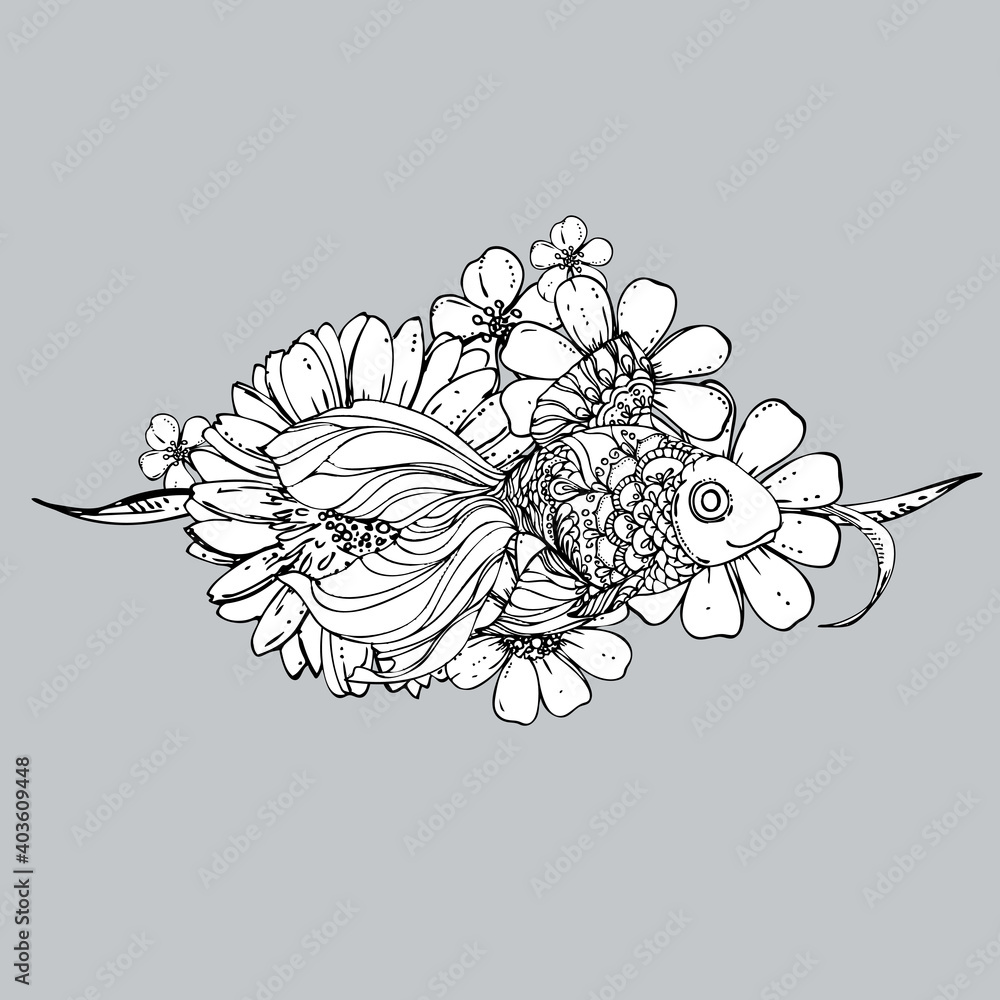 Obraz hand drawn ink golden fish and flowers on grey background. Coloring page - design for poster, print, t-shirt, invitation, banners, flyers.