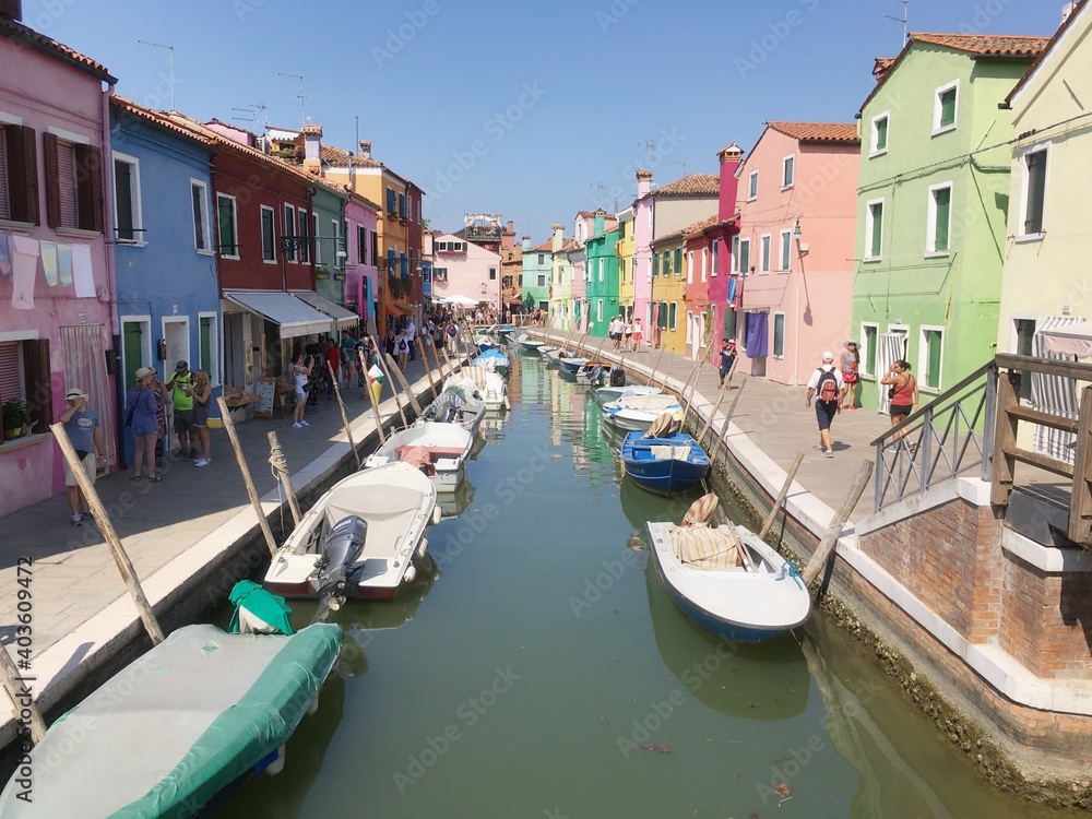 canal and colourful  houses on Murano Island, Italy