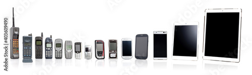 Old Mobile Phone from past to present on white background. photo
