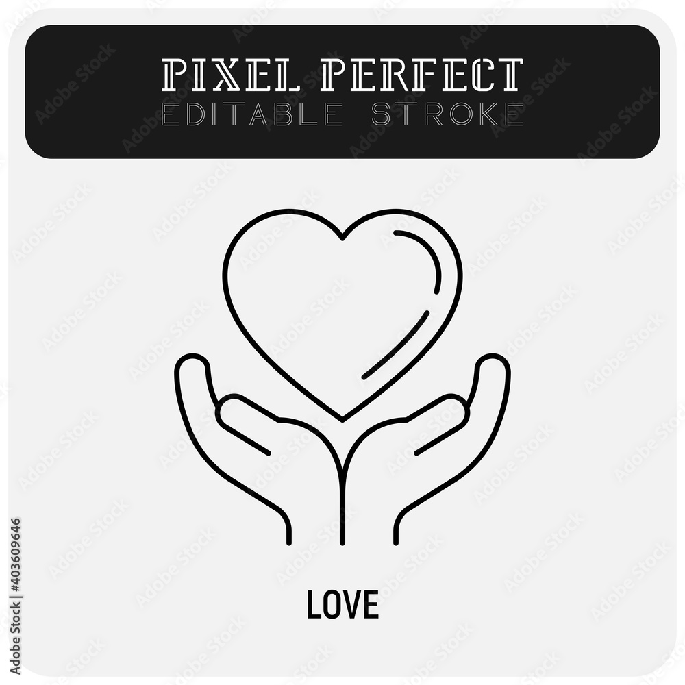 Heart in human hands thin line icon. Pixel perfect, editable stroke. Vector illustration of love, support, medical help or charity. Heart in human hands thin line icon. Pixel perfect, editable stroke. Vector illustration of love, support, medical help or charity.