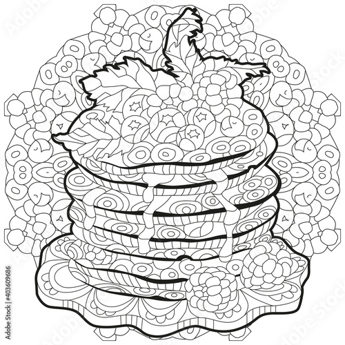 Vector pancakes with raspberries, blueberries and mint leaves on mandala for coloring.