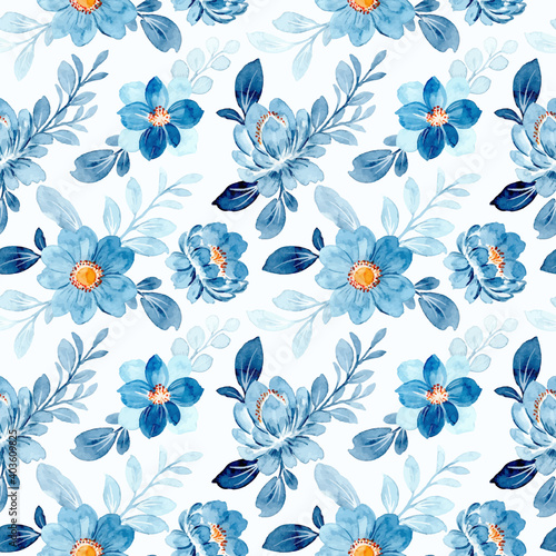 Beautiful blue floral watercolor seamless pattern