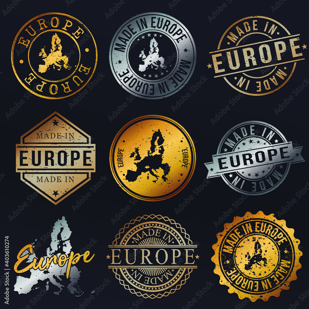 Europe Map Metal Stamps. Gold Made In Product Seal. National Logo Icon. Symbol Design Insignia Country.