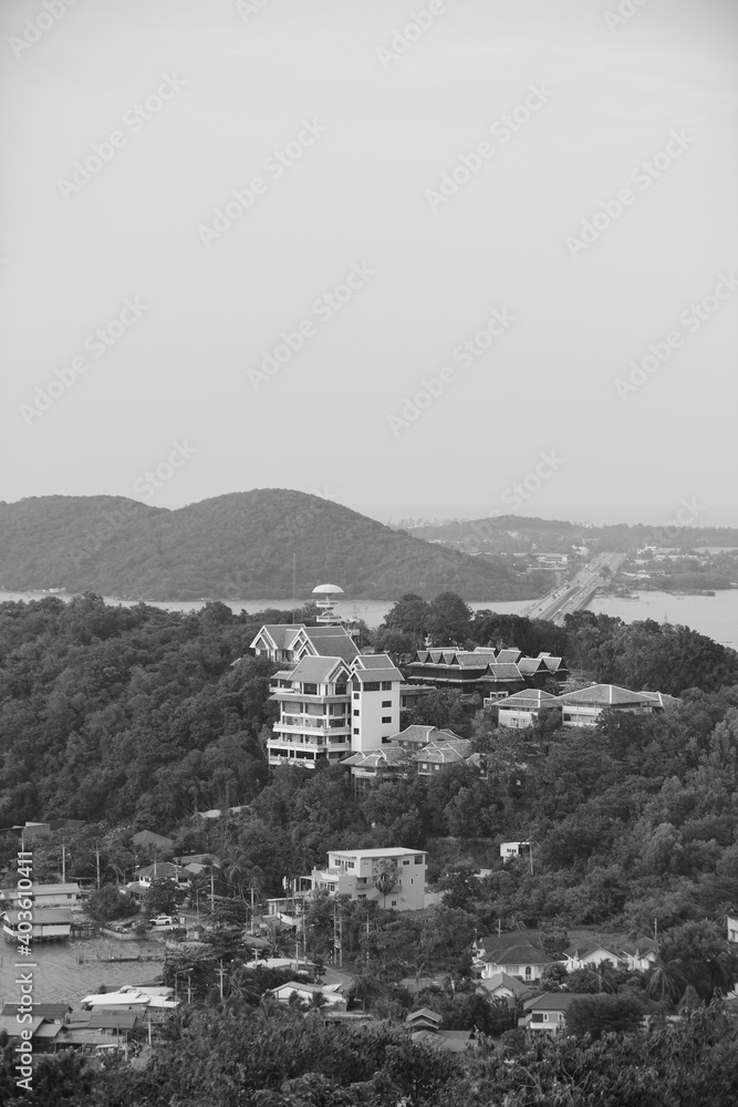 Black and white photos of a bird's-eye view of the town and fishing communities From the top of the mountain at the highest point of Koh Yor, Songkhla Province, Thailand