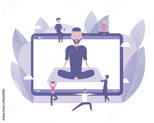 People watch yoga or meditation online tutorial in mobile phone or tablet. Vector illustration for telework, remote working and freelancing, business, start up, social media and blog
