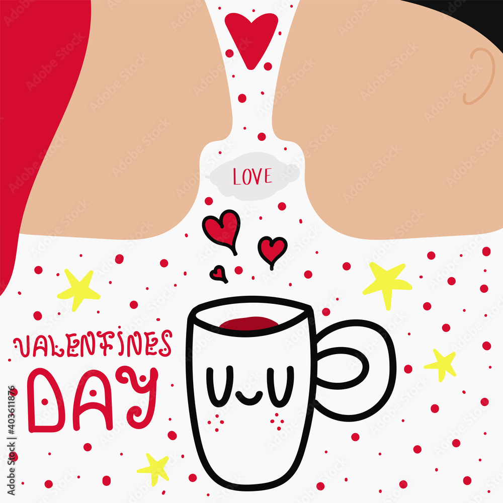 Love and relationship hand drawn vector illustration design for Valentines day holiday greeting and postcard. Romantic, man and woman kiss, cute calm cup character with doodles and feelings, lettering Love and relationship hand drawn vector illustration design for Valentines day holiday greeting and postcard. Romantic, man and woman kiss, cute calm cup character with doodles and feelings, lettering