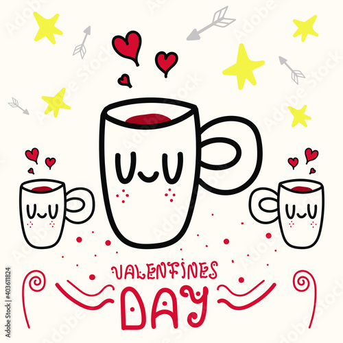 Valentines day hand drawn lettering vector design with cute doodle cup of love on pink background, calm emotion