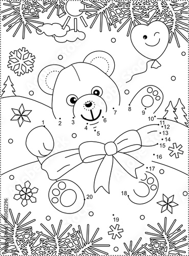 Valentine's Day teddy bear with big heart full page connect the dots puzzle and coloring page
