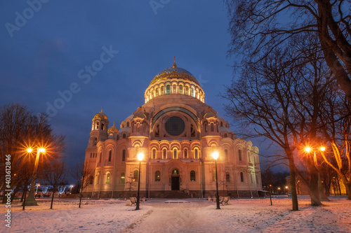 naval cathedral in the city of kronstadt saint petersburg winter night