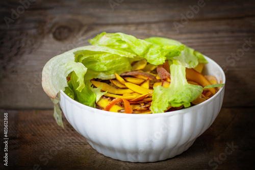 Container of domestic organic food waste ready to be composting. Zero waste and urban gardening concept.