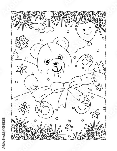 Valentine's Day teddy bear with big heart full page connect the dots puzzle and coloring page
