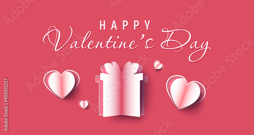 Valentine's day sale banner papercut background. Red hearts. Cute love banner or Valentines greeting card. Vector illustration.