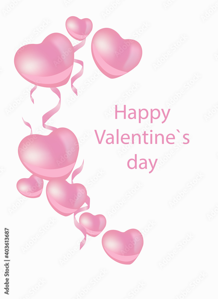 Valentine's card. Pink hearts 3d on white background. Vector illustration
