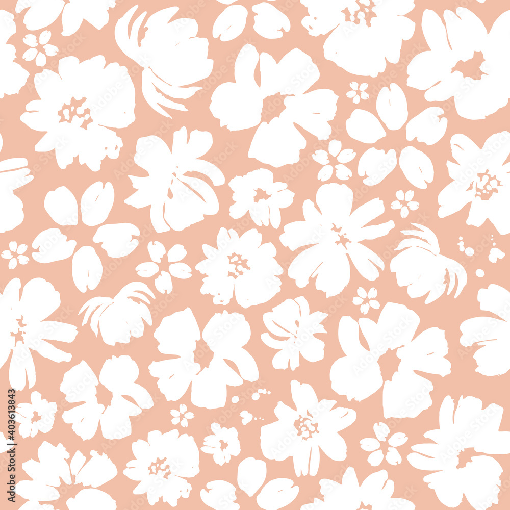 White flowers on a beige background seamless pattern design. Trendy illustrated vector pattern for brand identity, stationery, wrapping, and wallpapers. Minimalistic floral background. Floral shapes.