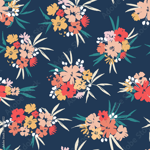Flower bouquets on a dark background seamless pattern design. Trendy illustrated vector pattern for brand identity, stationery, wrapping, and wallpapers. Minimalistic floral background. Floral shapes © Lena Lapina