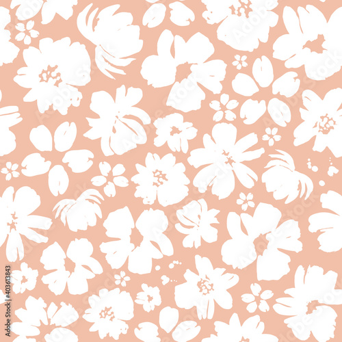 White flowers on a beige background seamless pattern design. Trendy illustrated vector pattern for brand identity  stationery  wrapping  and wallpapers. Minimalistic floral background. Floral shapes.