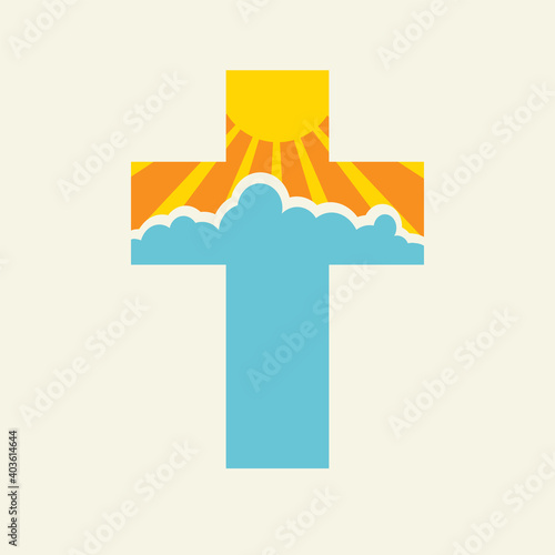 Sign of the Christian cross with yellow shining sun and blue clouds in cartoon style. Creative vector illustration, religious symbol, icon, logo, emblem, t-shirt design, print, tattoo, design element