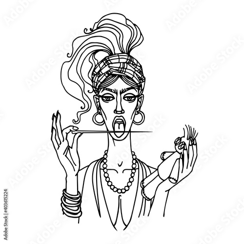 sexy gypsy woman with open mouth licking long pin for voodoo ritual, vamp-female concept, dangerous love game, vector illustration with black lines isolated on a white background in hand drawn style