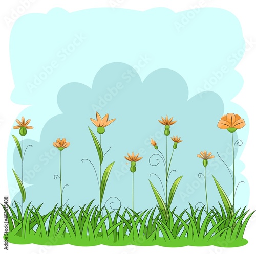 Blooming meadow with grass and flowers. Sky. Cartoon just style. Isolated on white background. Romantic fabulous illustration. Vector