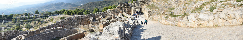 Panoramic view of the main monuments and places of Greece. Ruins of Mycenae, ancient city of Agamemnon
