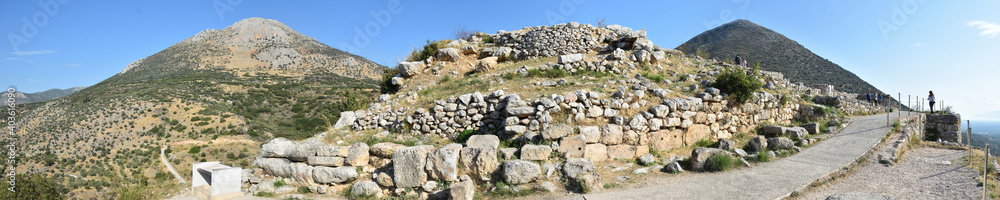 Panoramic view of the main monuments and places of Greece. Ruins of Mycenae, ancient city of Agamemnon
Panoramic view of the main monuments and places of Greece. Ruins of Mycenae, ancient city of Agamemnon