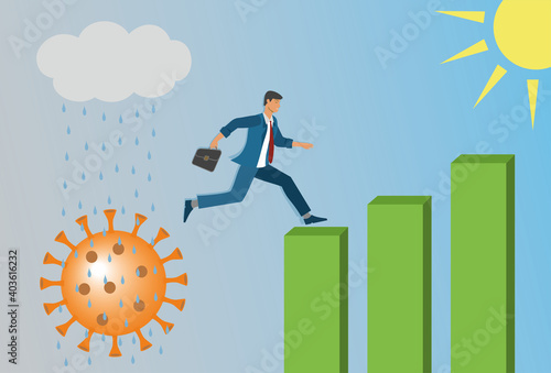 Man jump from bad times with Corona virus pandemic. Landing in new better and better life after the big threat. The image could be found with other gender and races. Vector illustration. EPS10.