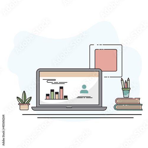 Working desk with stationery, laptop and succulent