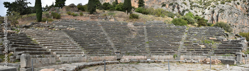 Panoramic view of the main monuments and places of Athens (Greece). Ruins of ancient Delphi. Theater and Oracle of Delphi 