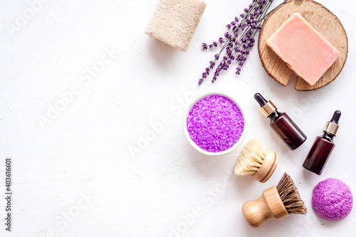 Set of lavender cosmetics products with spa beauty essential oil and herbs
