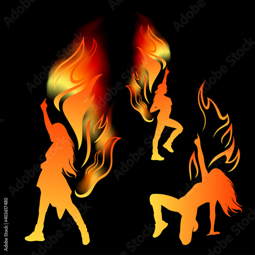 young female dancers performing contemporary hip hop dance among fiery flames - night club life vector design set
