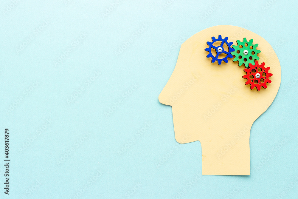 Brain gears on the paper head, top view. Mindfulness mental and health concept Brain gears on the paper head, top view. Mindfulness mental and health concept