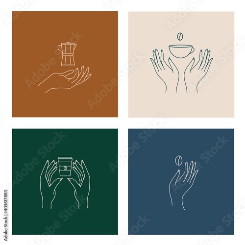 Logo templates set in trendy linear minimal style. Hands with coffee cup, coffee pot and beans emblem badge for cafe and shops on modern colors background. Vector illustration.