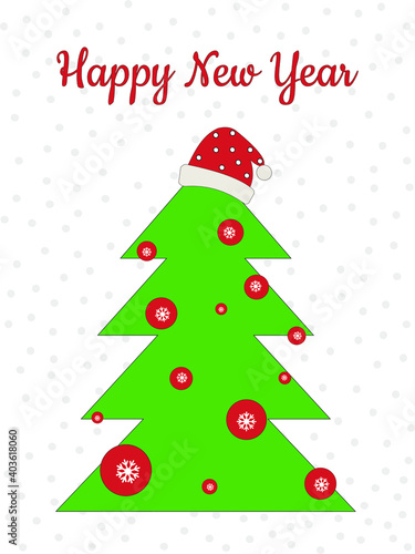Happy New Year winter greeting card. Green Christmas tree in a red hat with Christmas decorations on a background of snow. Vector illustration.