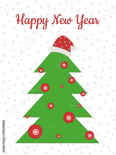 Happy New Year winter greeting card. Green Christmas tree in a red hat with Christmas decorations on a background of snow. 
