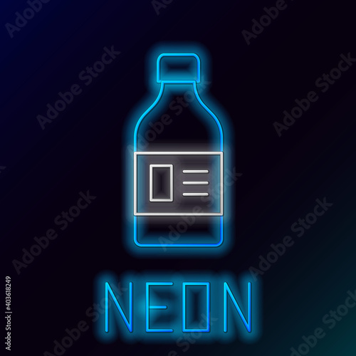 Glowing neon line Plastic bottle for laundry detergent, bleach, dishwashing liquid or another cleaning agent icon isolated on black background. Colorful outline concept. Vector.