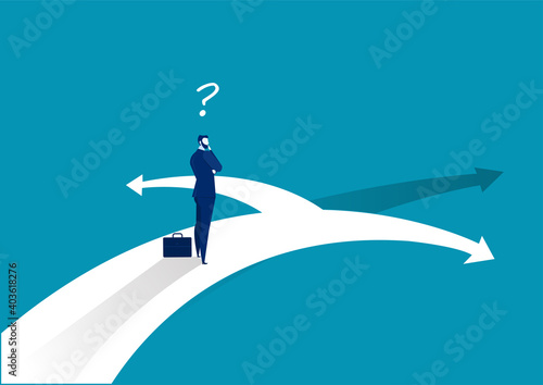 Businessman standing on middle way and choosing direction. Business concept. Modern vector illustration. Direction