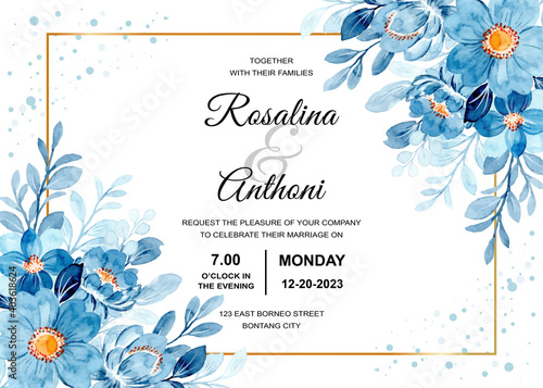 Wedding invitation card with blue floral watercolor. greeting card, floral frame