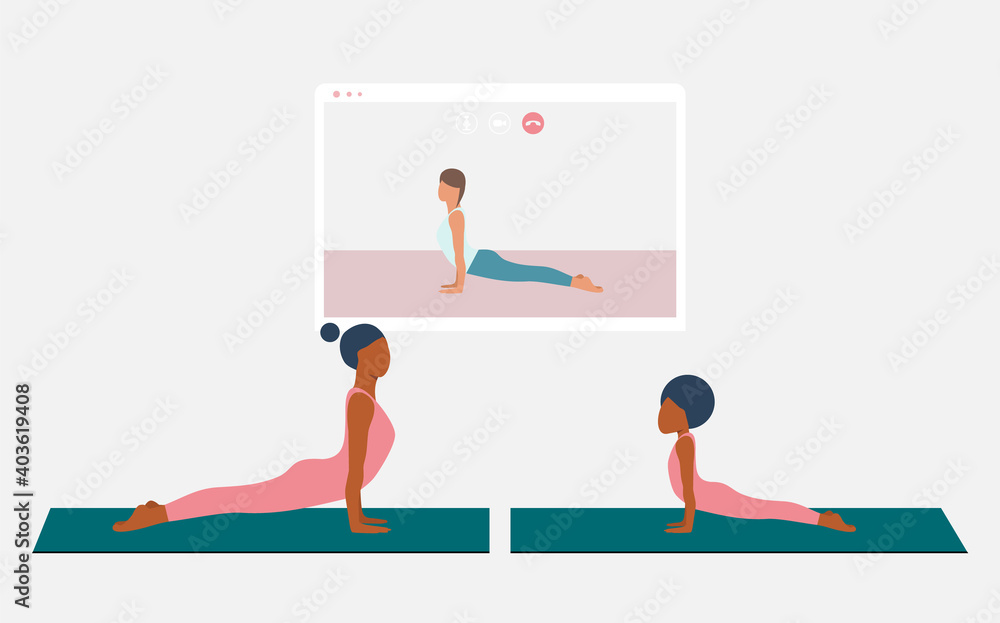 Naklejka premium Black mother and her daughter doing yoga pose dog face up and watching online yoga practice on TV or projector. Stay home concept. Home activity during quarantine. Online courses, education. Eps 10.