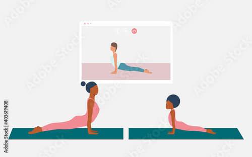 Black mother and her daughter doing yoga pose dog face up and watching online yoga practice on TV or projector. Stay home concept. Home activity during quarantine. Online courses, education. Eps 10.