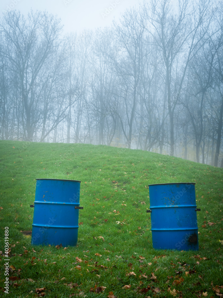 Blue trash bins in a foggy park