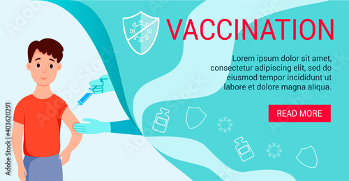 The boy is getting vaccinated. Banner on the topic of vaccination. Gloved hands hold a syringe and inject the vaccine
