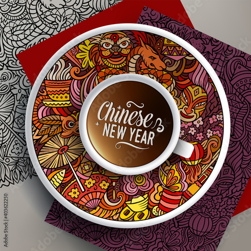 Vector illustration with a Cup of coffee and Chinese New Year doodles