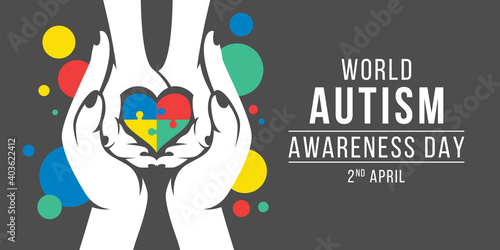 Wolrd Autism Awareness Day banner with white adult and child hands holding heart puzzle piece sign vector design