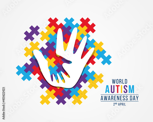 Wolrd Autism Awareness Day banner with white adult and child hands sign on colorful puzzle piece background vector design