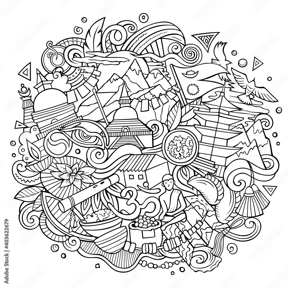 Fototapeta premium Nepal hand drawn cartoon doodles illustration.