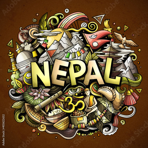 Nepal hand drawn cartoon doodles illustration.