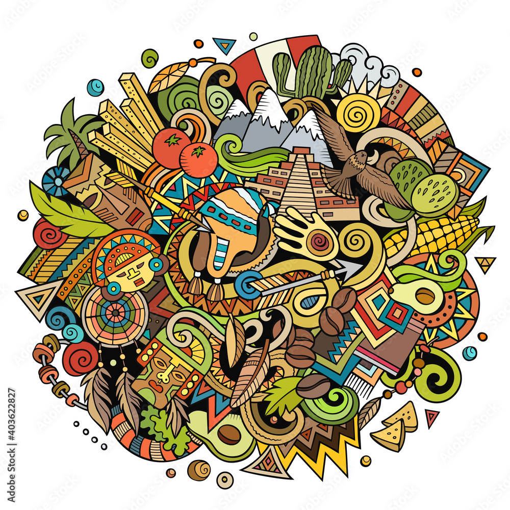 Fototapeta premium Peru hand drawn cartoon doodles illustration. Funny design.